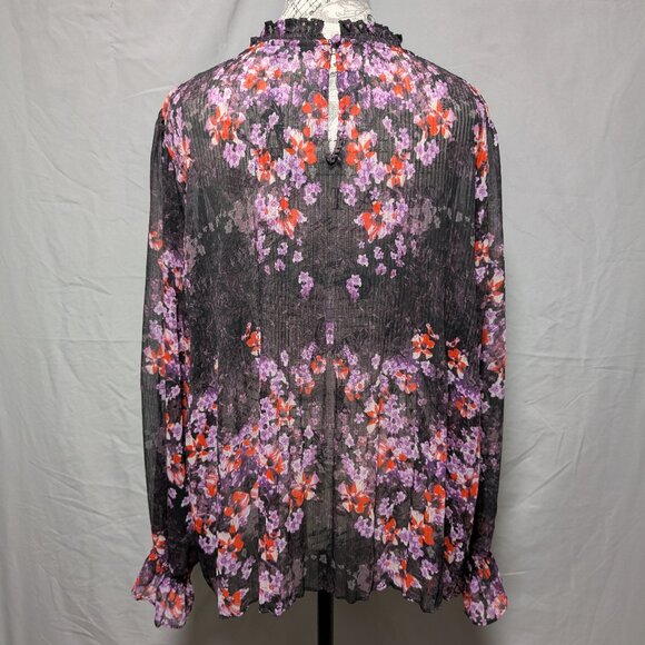 Simply Vera Vera Wang Black Floral Sheer Blouse Ruffle Mock‎ Neck Women's XL - Picture 4 of 8